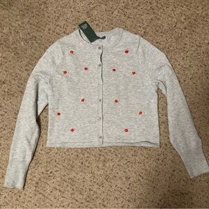 Wild Fable gray button up cardigan sweater red rosettes appliqué crop recycled